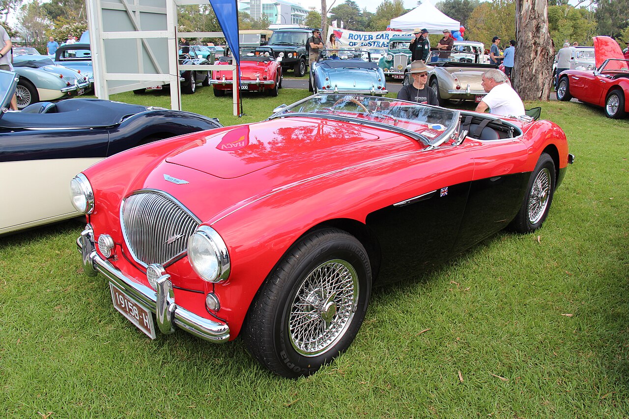 Red and black 1955 Austin-Healey 100 BN2 with wire wheels and its roof down, front three-quarter view on grass at a car show.