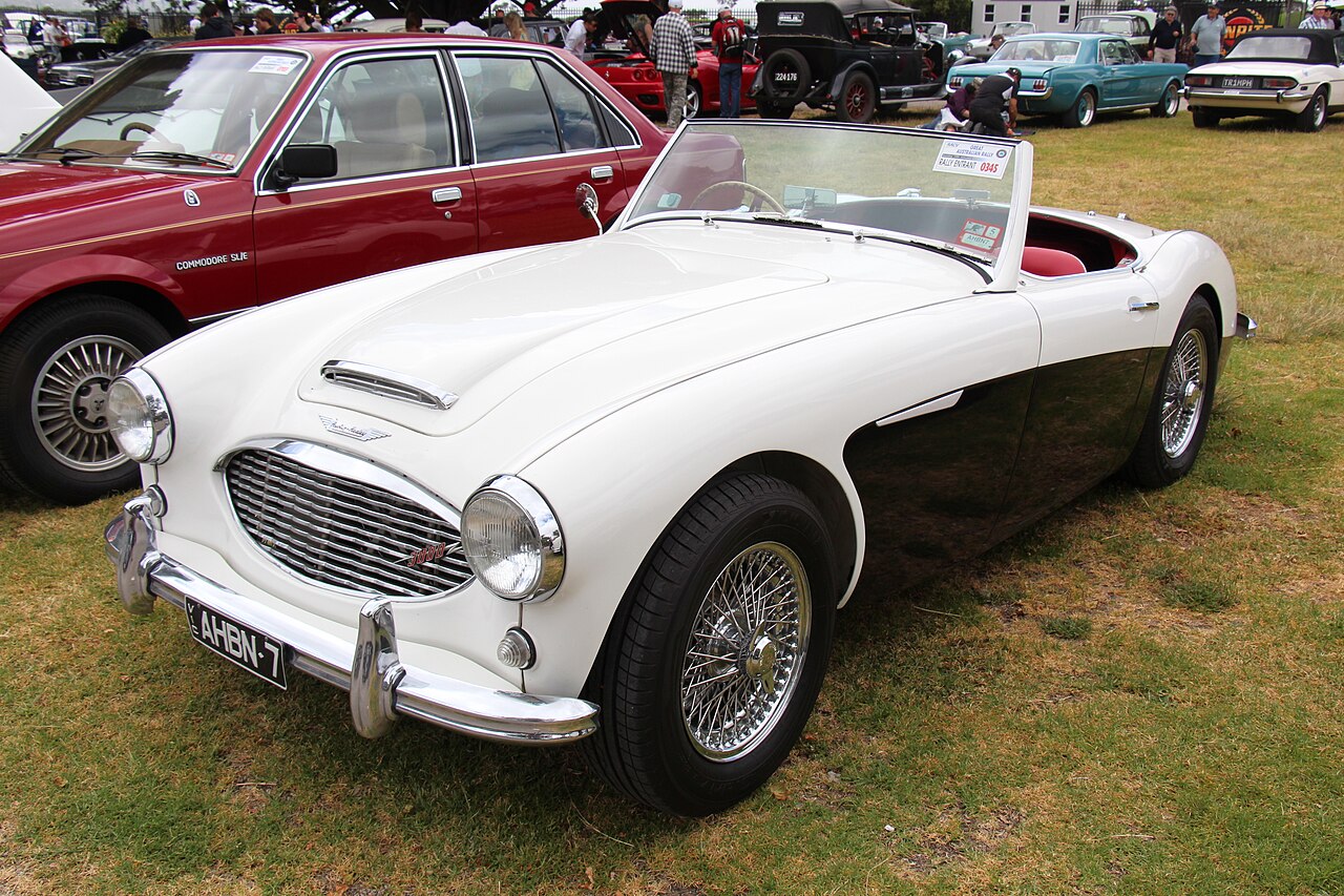 White and black Austin-Healey 3000 Mk I roadster with wire wheels, front three-quarter view on grass at a classic car show.