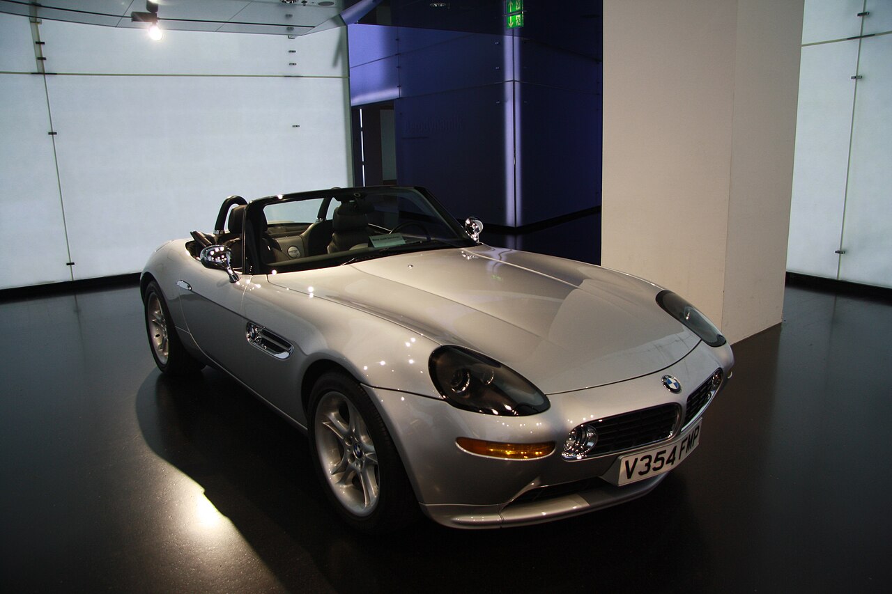 Silver BMW Z8 roadster with its roof down, seen from the front right in the BMW Museum in Munich.