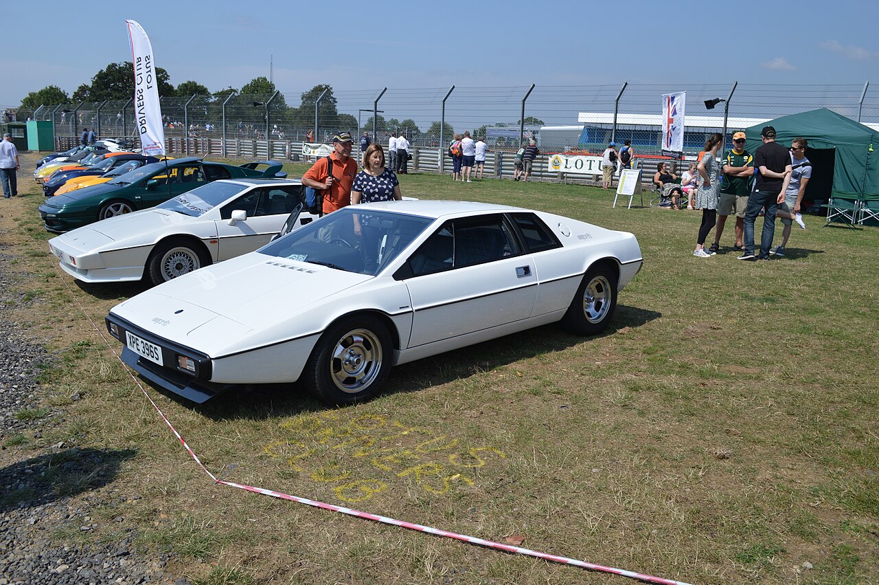 White early Lotus Esprit in front left three-quarter view on grass at the Silverstone Classic, with other Lotus cars and visitors behind.