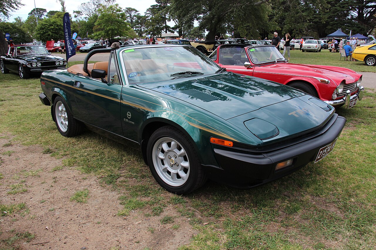 Dark green 1980 Triumph TR8 convertible with gold side stripes and its roof down, front three-quarter view on grass at a car show.