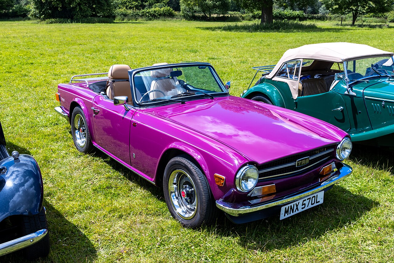 Magenta Triumph TR6 with its roof down and tan seats, front right three-quarter view on grass at a classic car show.